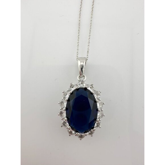 Stunning 6.40 Carat Imperial Lab Created  Blue Sapphire Pendant Necklace - Picture 6 of 16